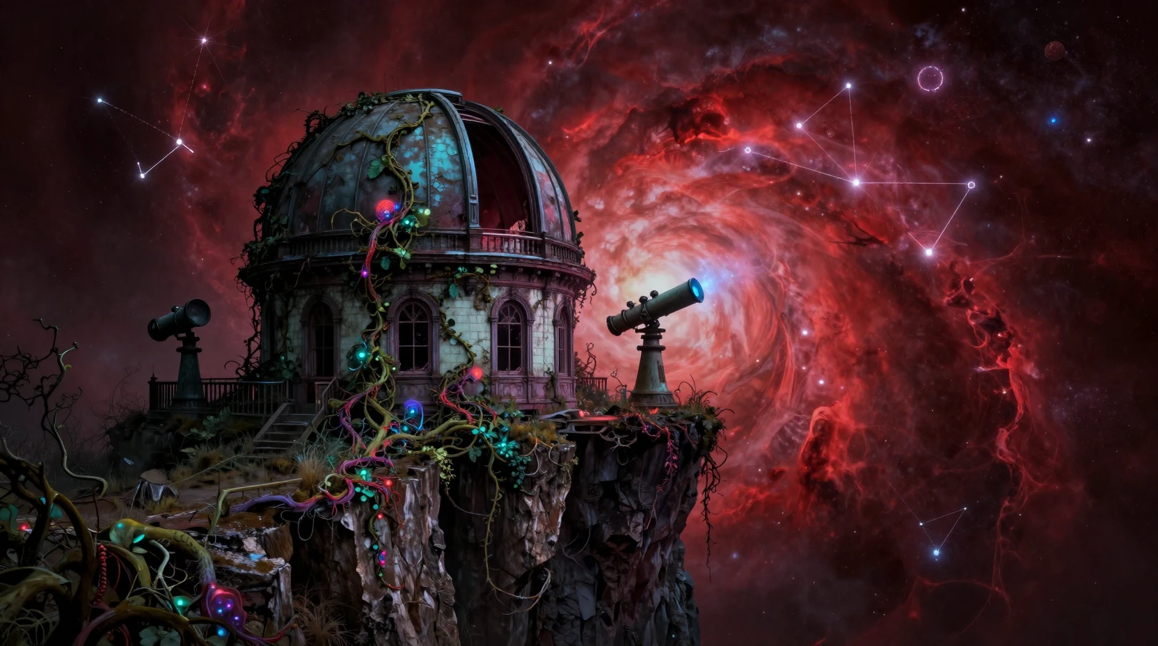 Abandoned Victorian observatory overgrown with glowing alien vines