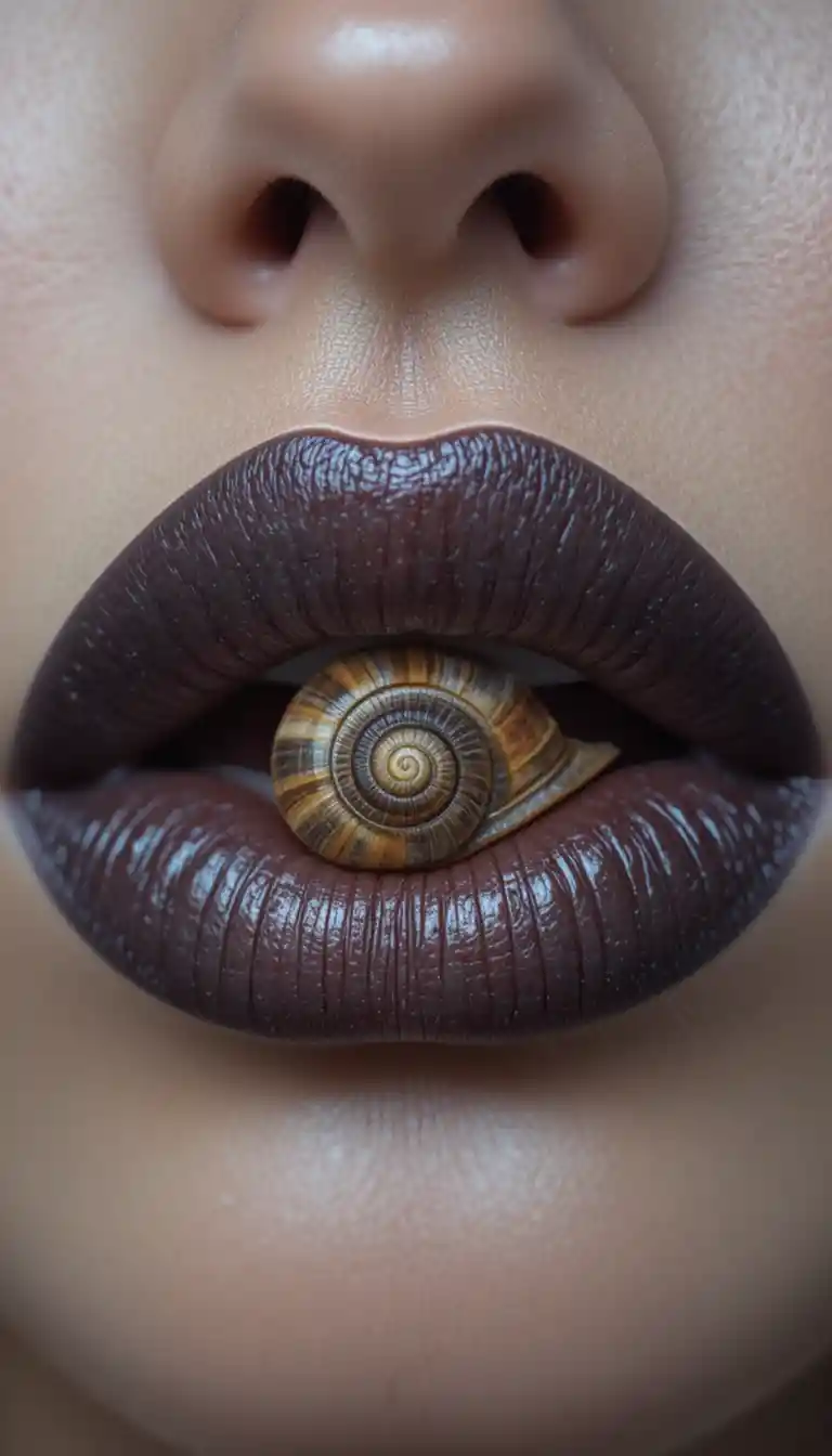 Extreme close up of lips revealing a colorful snail
