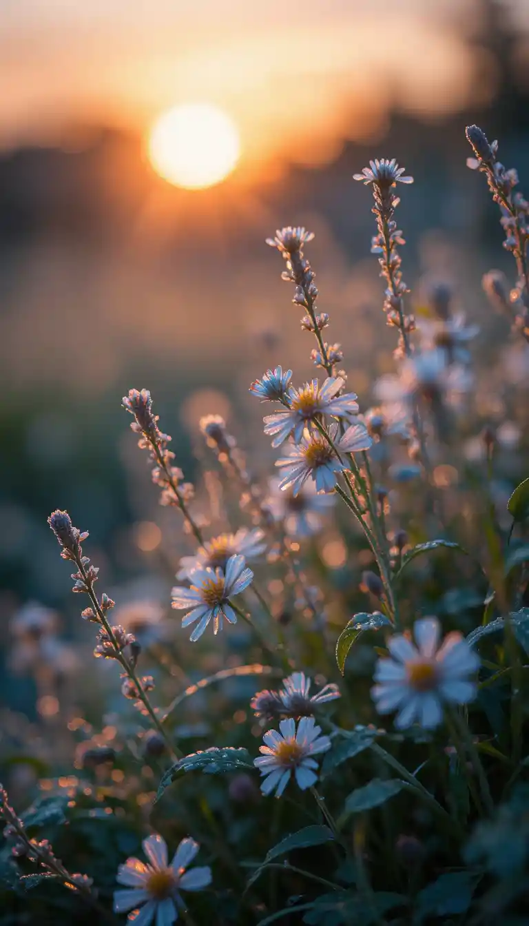 Fleurs sauvages couvertes de rosée brillant doucement dans la chaude lumière du coucher de soleil