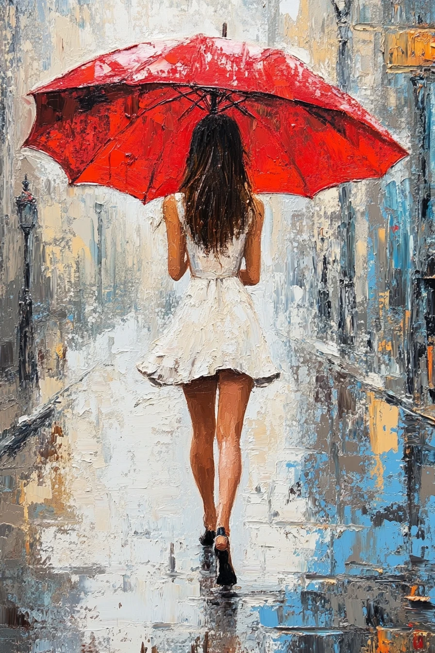 Mulher elegante com guarda-chuva vermelho em rua chuvosa da cidade