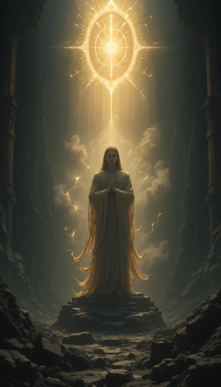 Illustrazione spirituale cinematografica con luce dorata divina e ombre