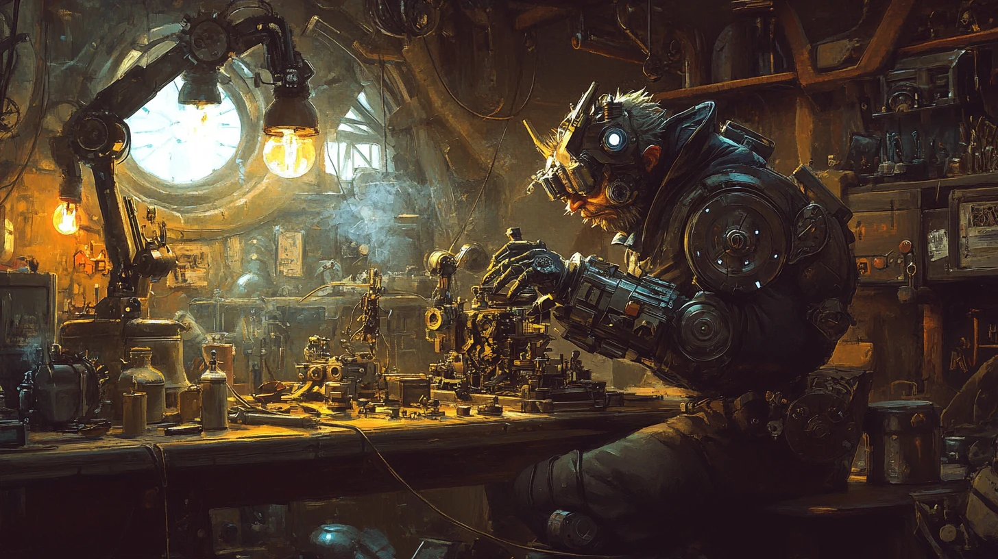 Cybernetic imp crafting a tiny clockwork dragon