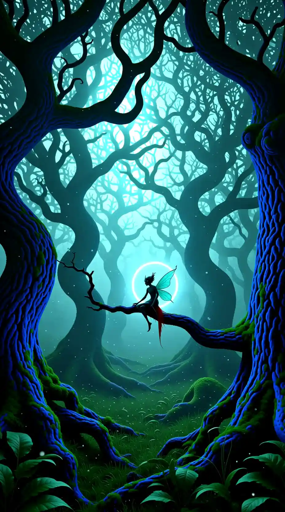 Mystical forest fairy glowing above a blue lit mist