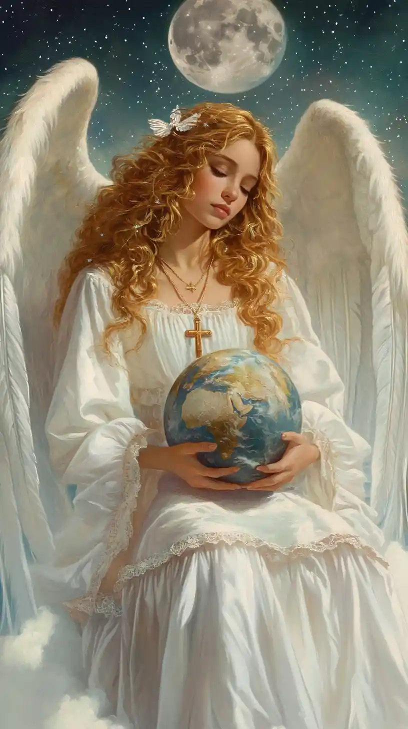 Angelic woman cradling the glowing globe on soft clouds