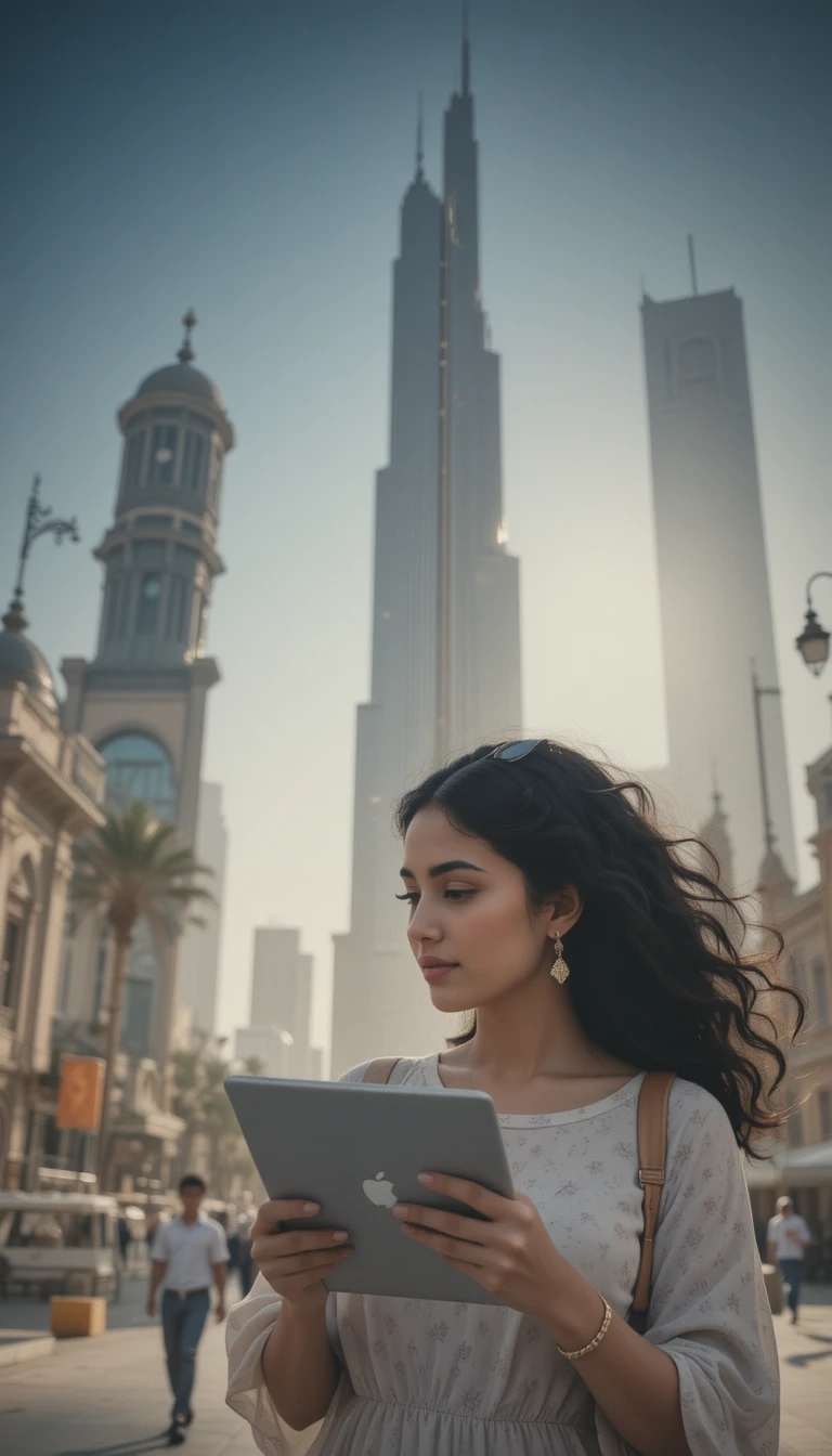 Ragazza iraniana con un tablet iPhone davanti a un famoso monumento di Dubai