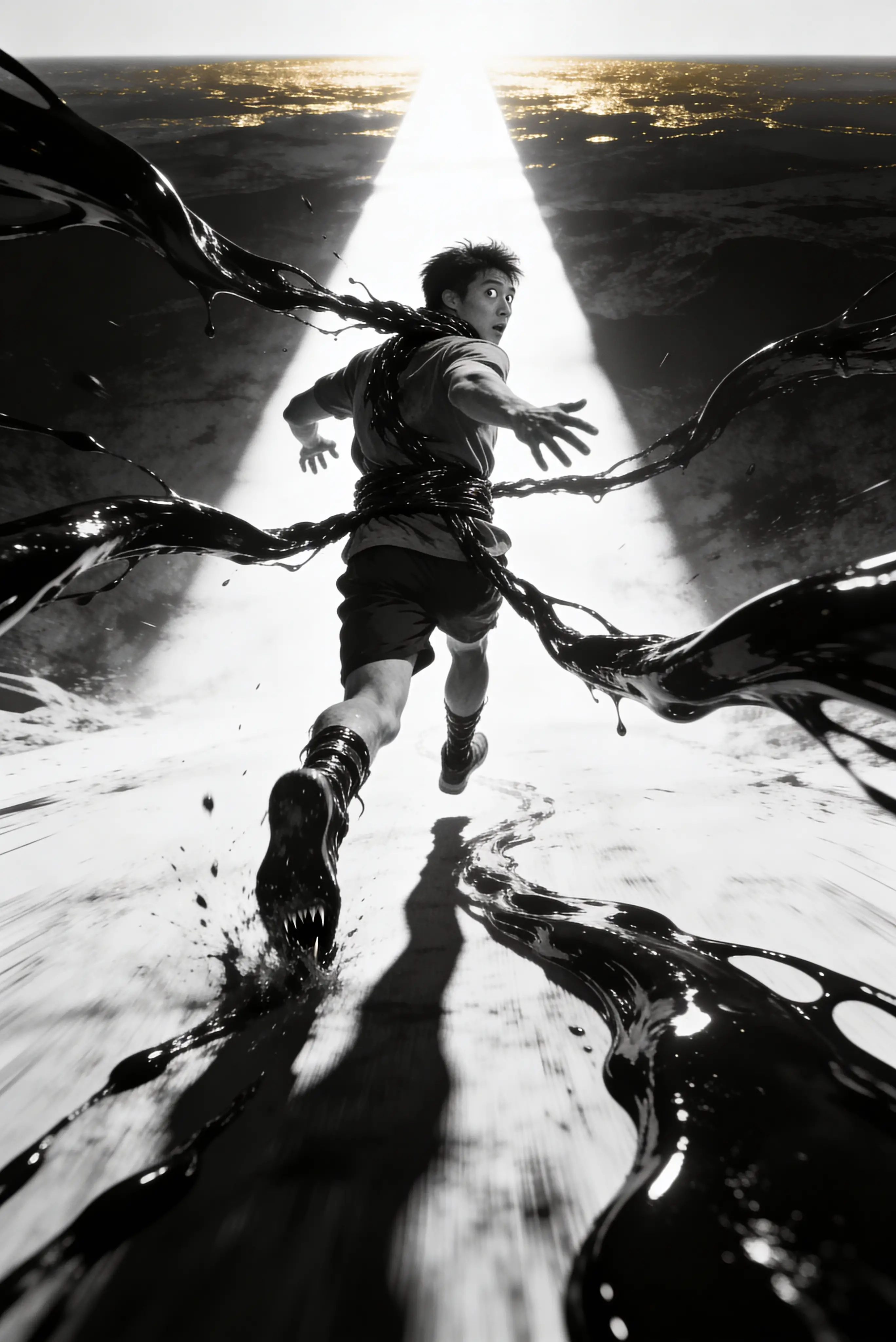 Runner Dragged By Shadow Away From Blinding Distant Light