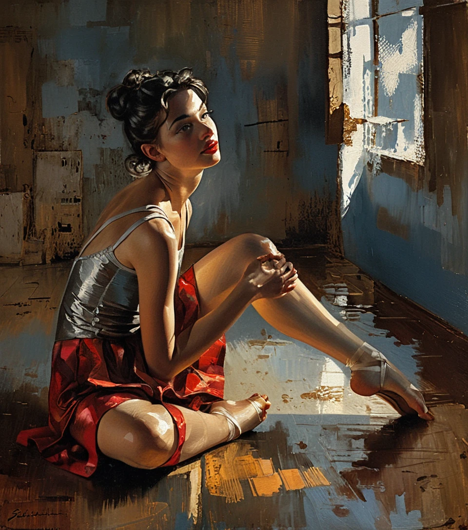 Young ballerina resting on studio floor in warm light