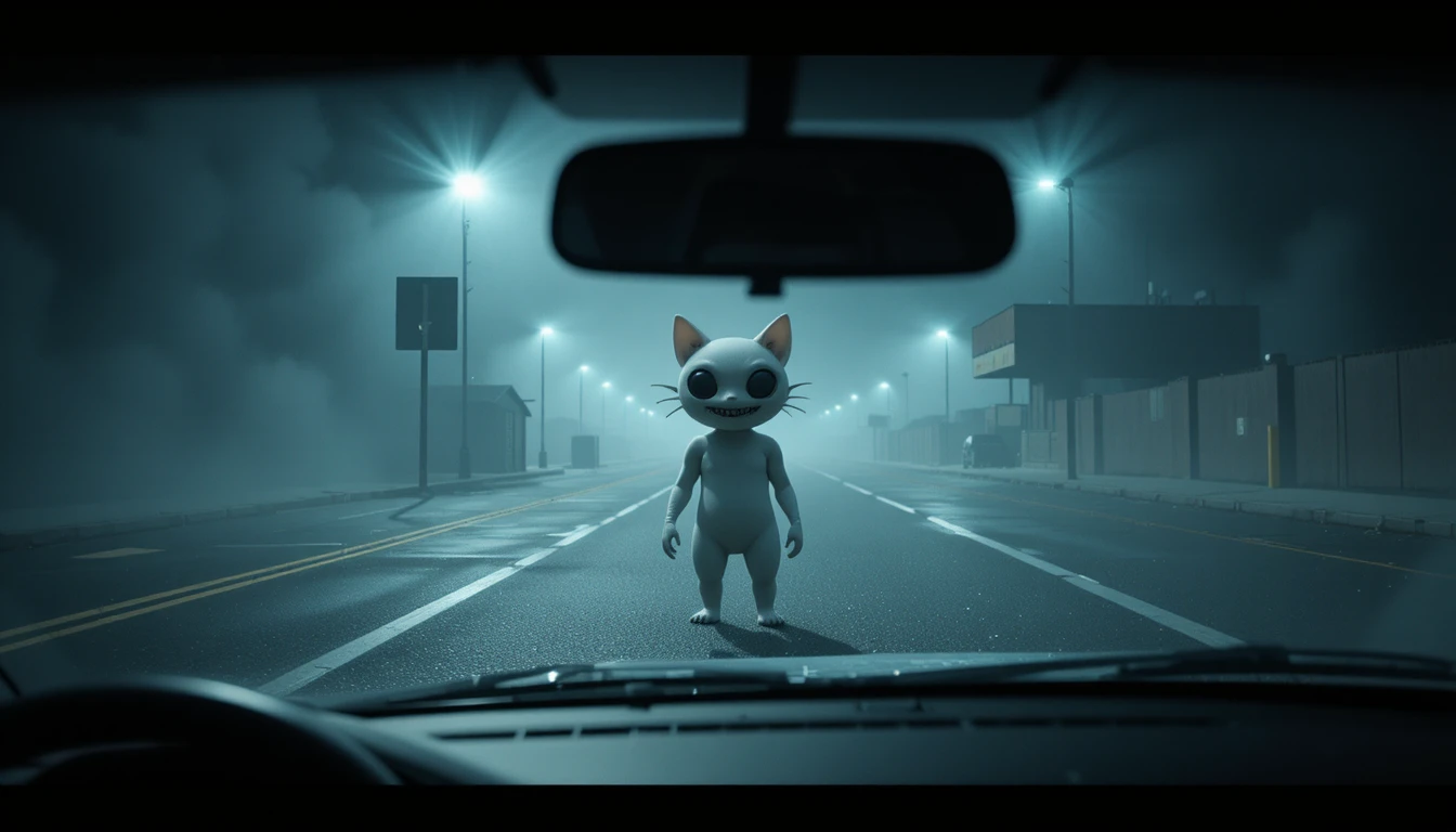 Fahrerblick auf unheimliche weiße 3D-Katze auf nebligem Parkplatz