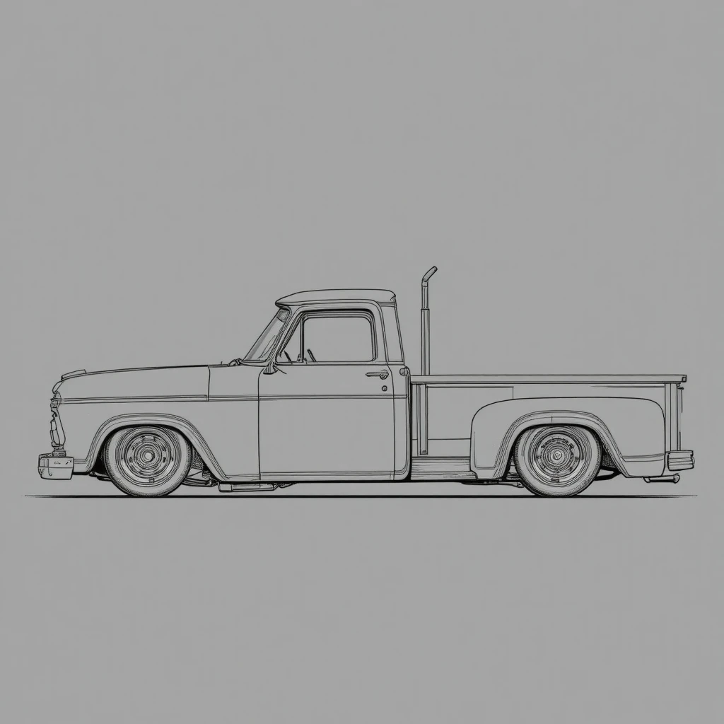 Dibujo en vista lateral de una camioneta Dodge flatbed personalizada y rebajada