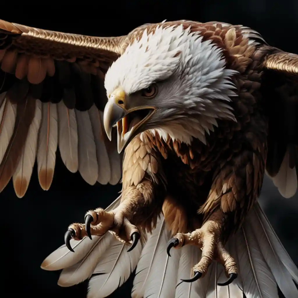 Bald eagle attack in flight on black dramatic background