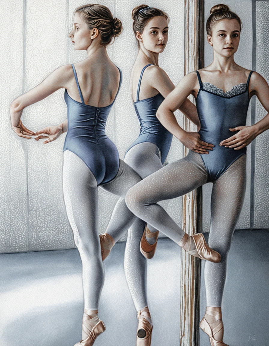 Three young ballerinas at the barre in a quiet studio