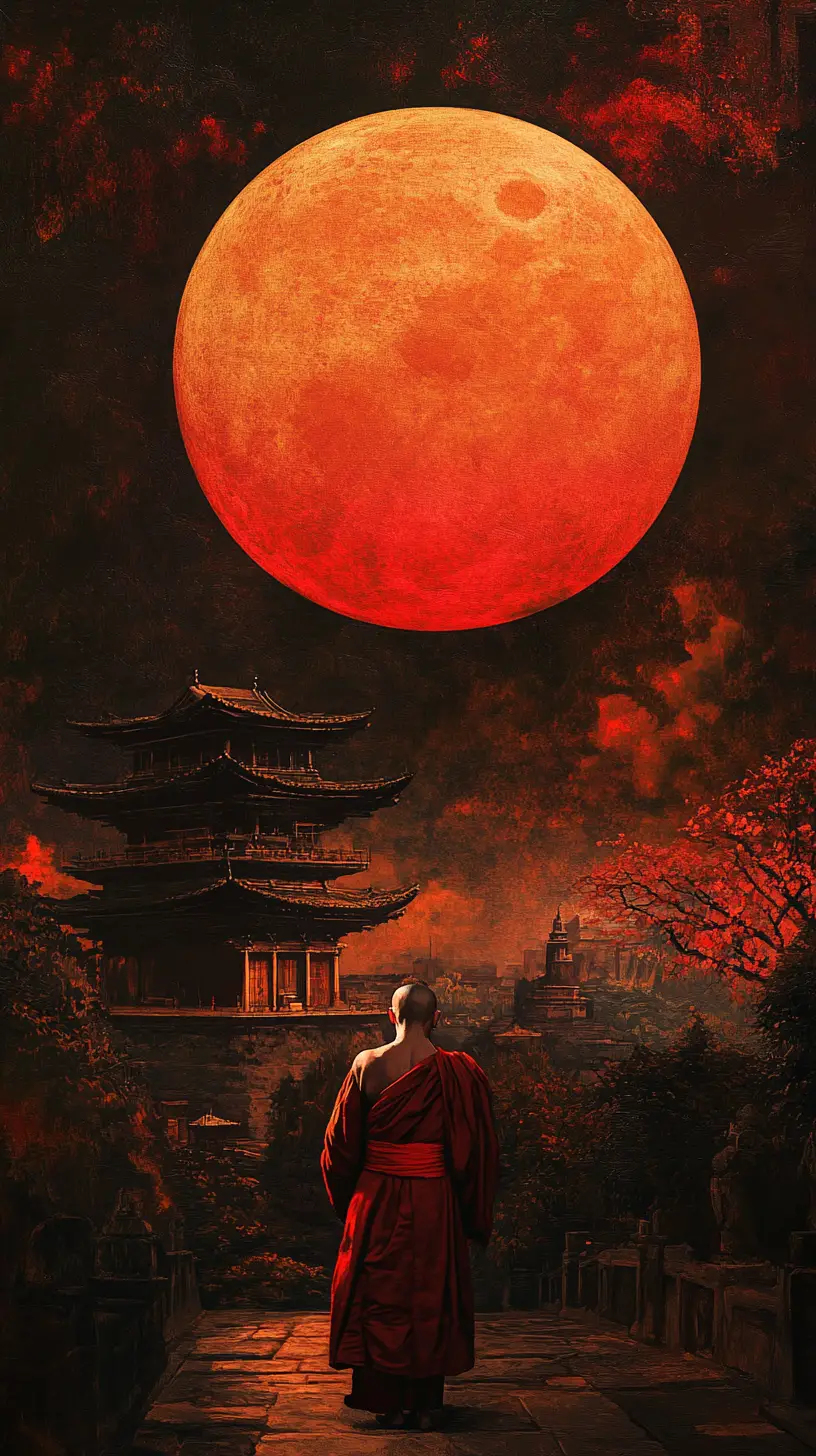 Asiatischer Mönch vor einem Tempel unter rotem Mondhimmel