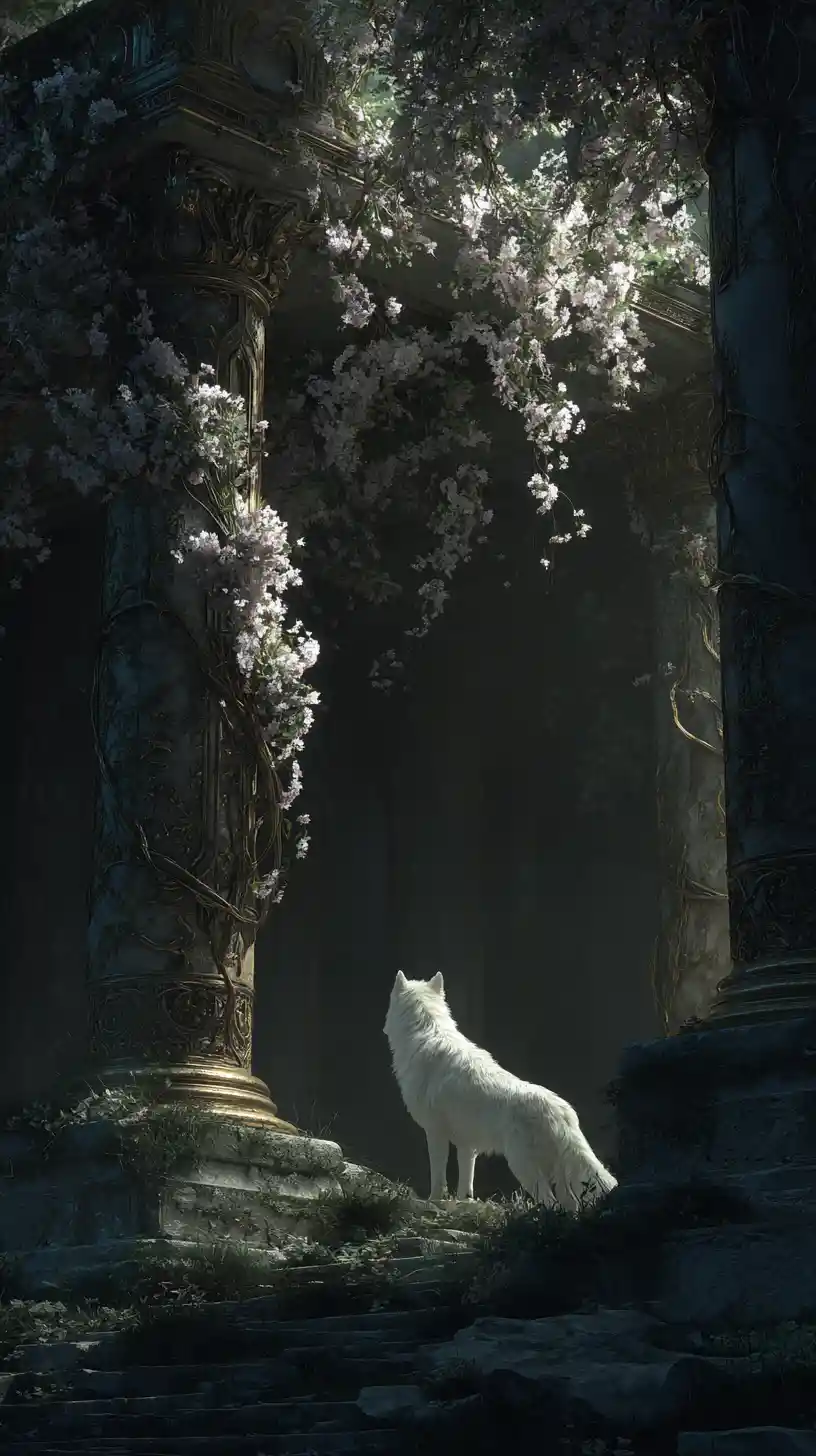 Loup blanc dans des ruines au clair de lune avec lianes lumineuses