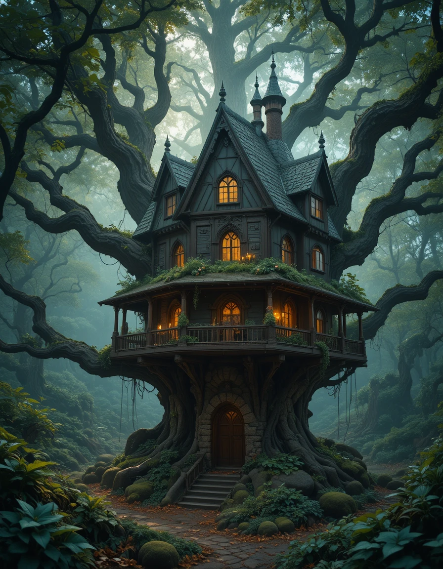 鬱鬱森林中閃耀的魔幻哥德式樹屋