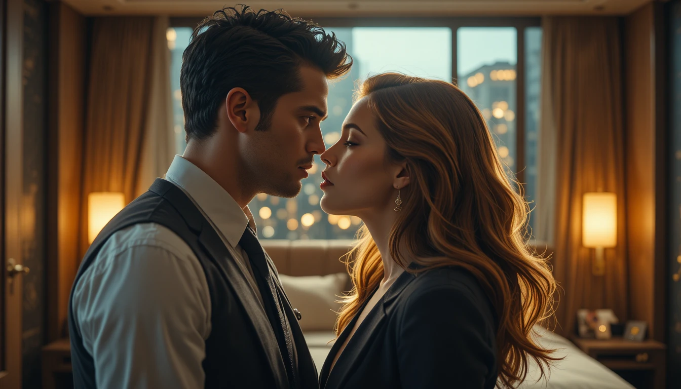 Romantic close up of couple in modern hotel room