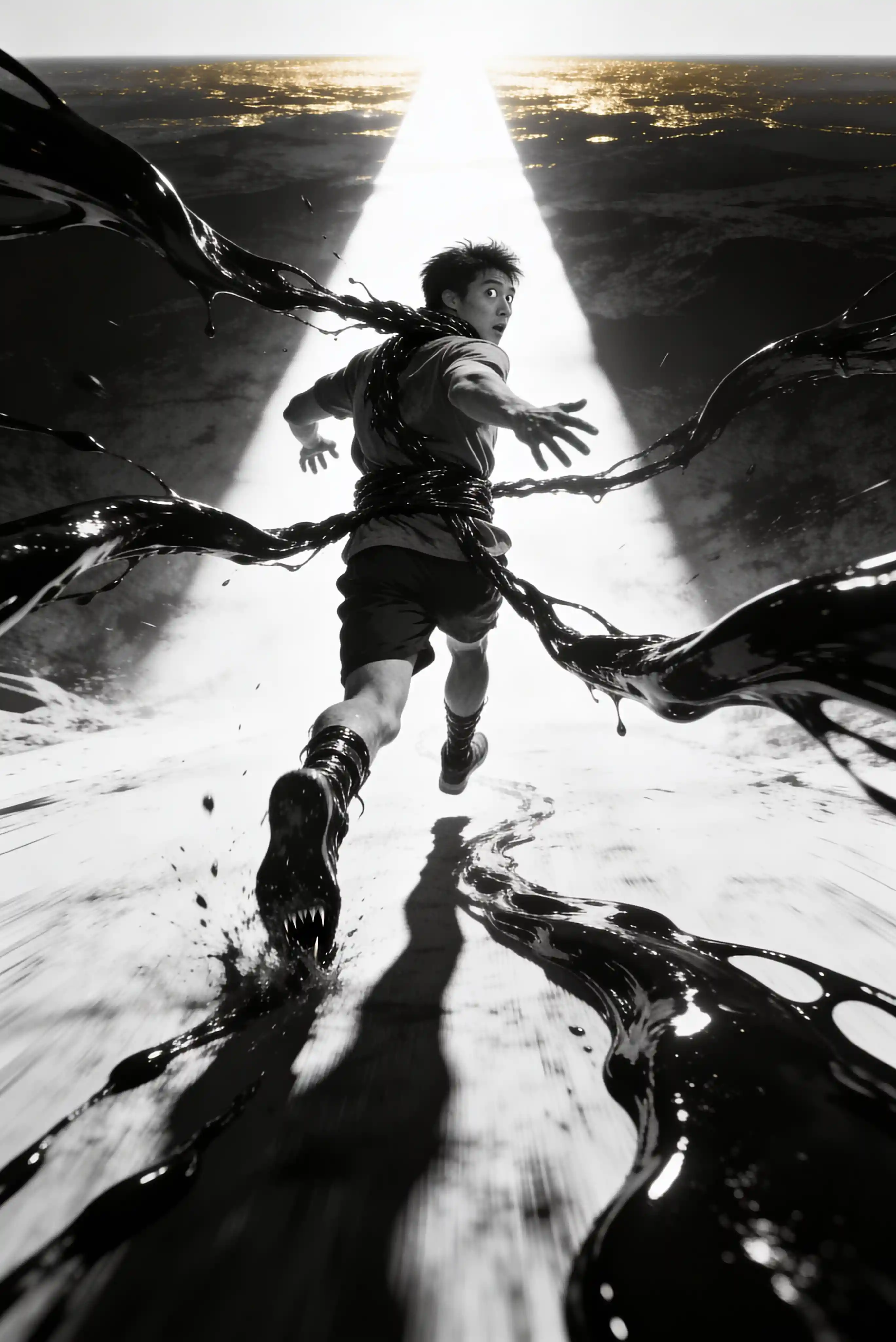 Runner Dragged By Shadow Away From Blinding Distant Light