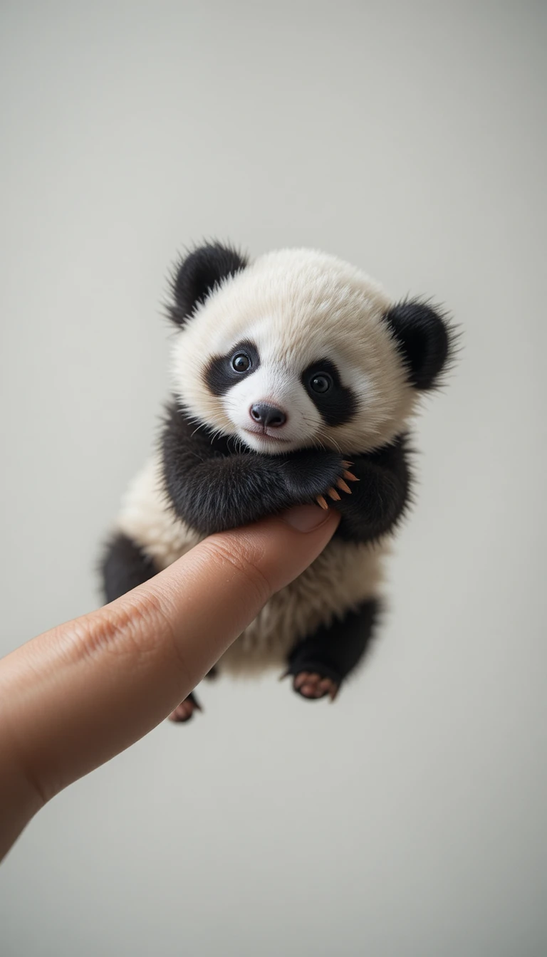 Minúsculo filhote de panda abraçando o dedo de uma pessoa em close no estúdio
