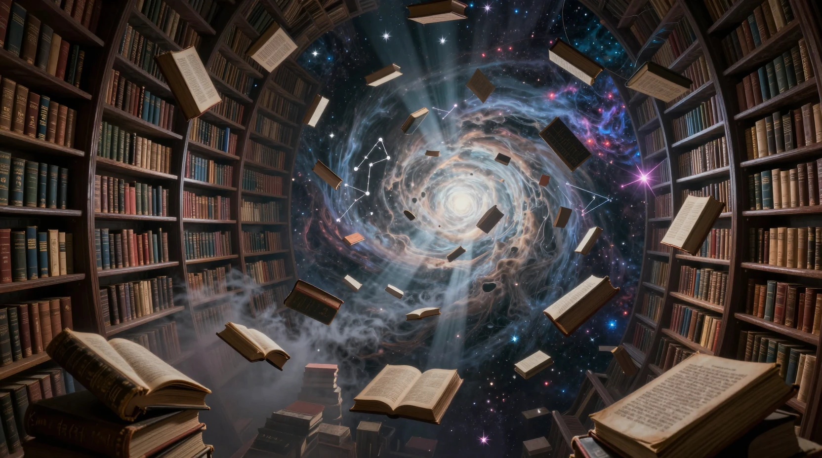Antigua biblioteca cósmica flotando en un vacío infinito