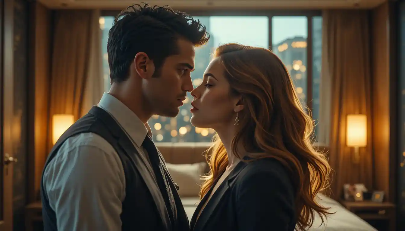 Romantic close up of couple in modern hotel room