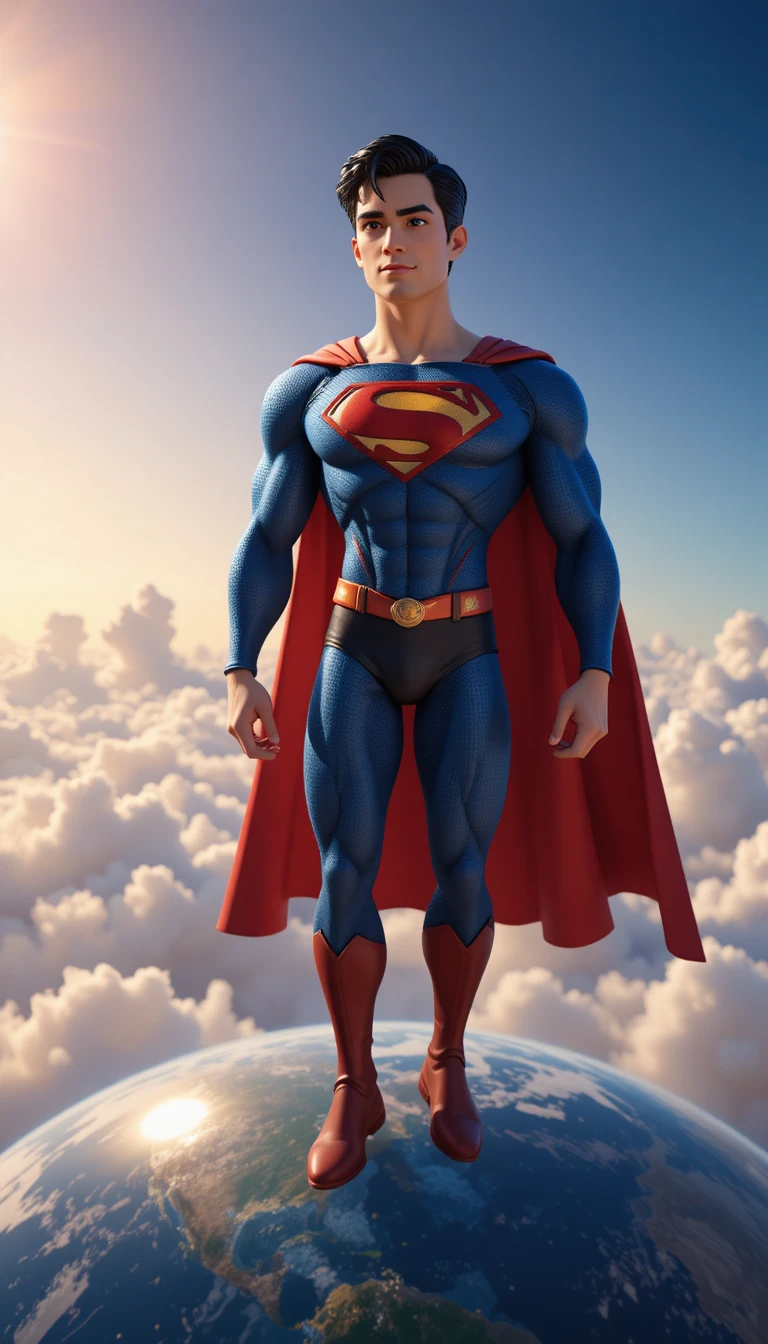 Super-herói flutuando calmamente acima da Terra em céu claro de dia