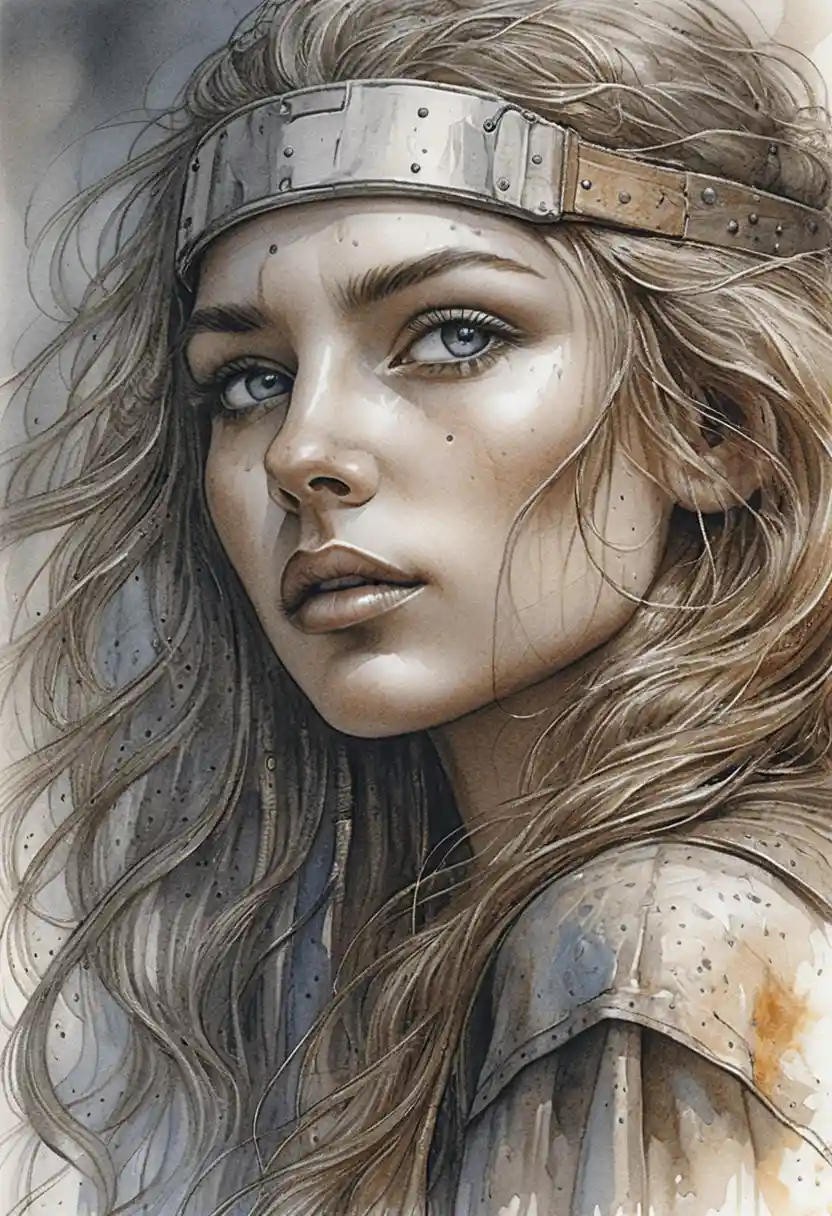 Warrior woman portrait with windswept hair and intense gaze