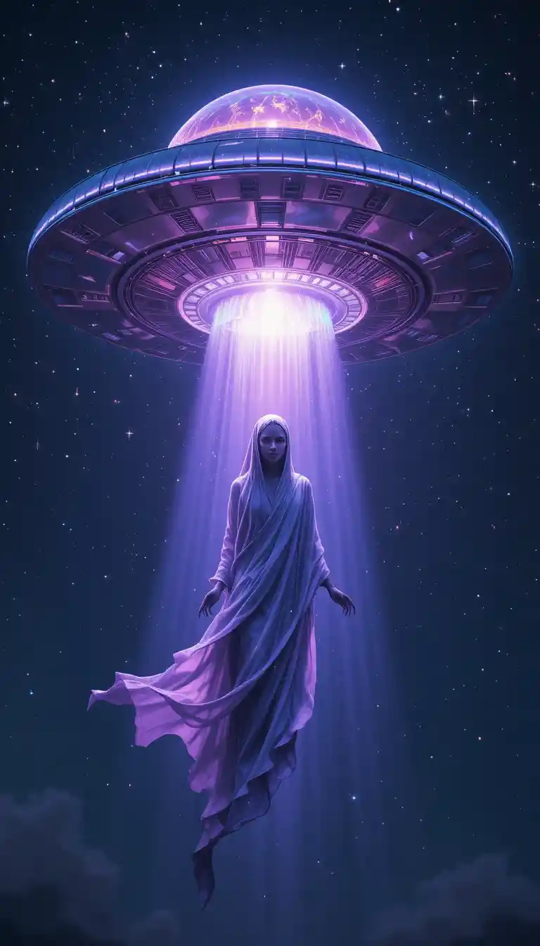 별이 빛나는 밤하늘 위로 내려오는 빛나는 UFO