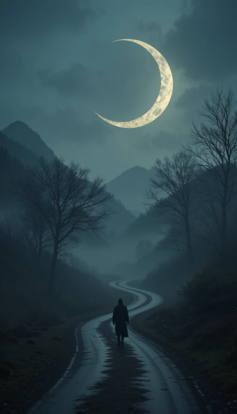 Figura solitária caminhando por uma estrada iluminada pela lua ao anoitecer