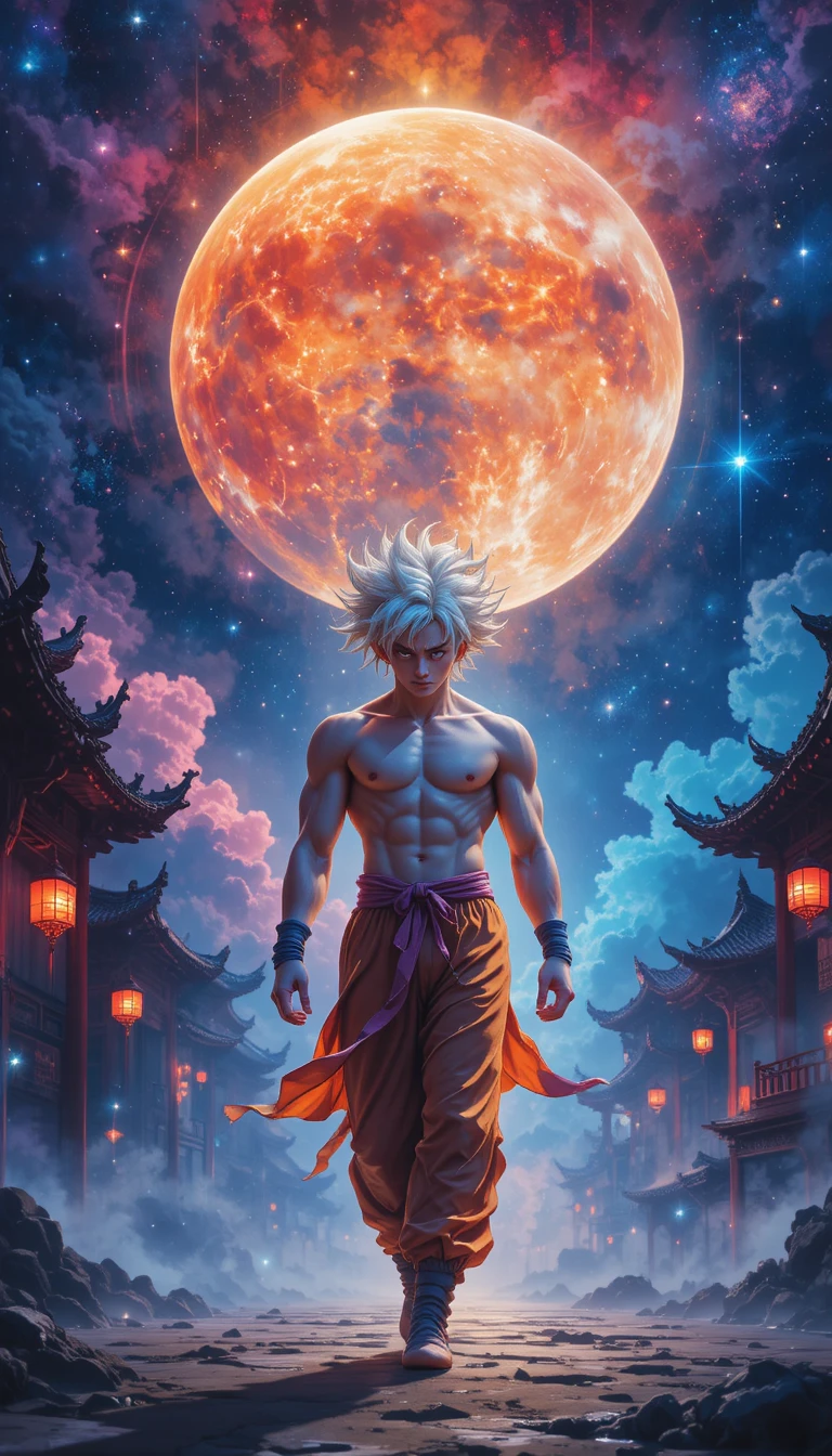 White haired man walking under a nebula night sky