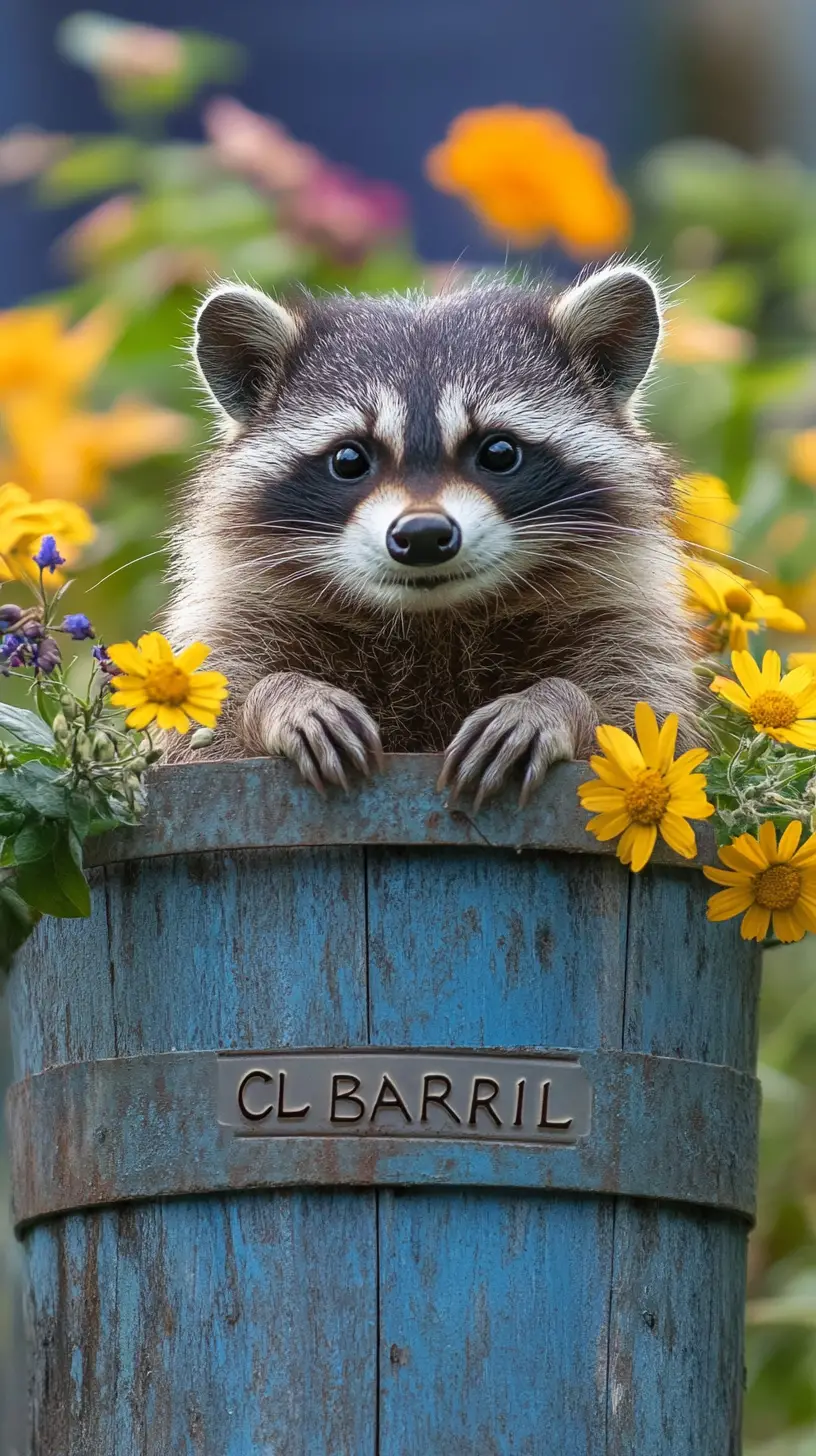 Lächelnder Waschbär springt aus einem Fass vor blauem Schloss