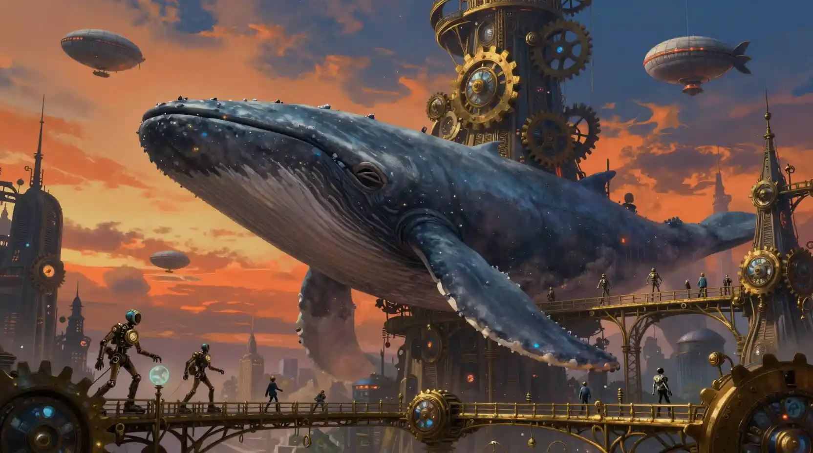 Metrópolis steampunk sobre el lomo de una colosal ballena del cielo
