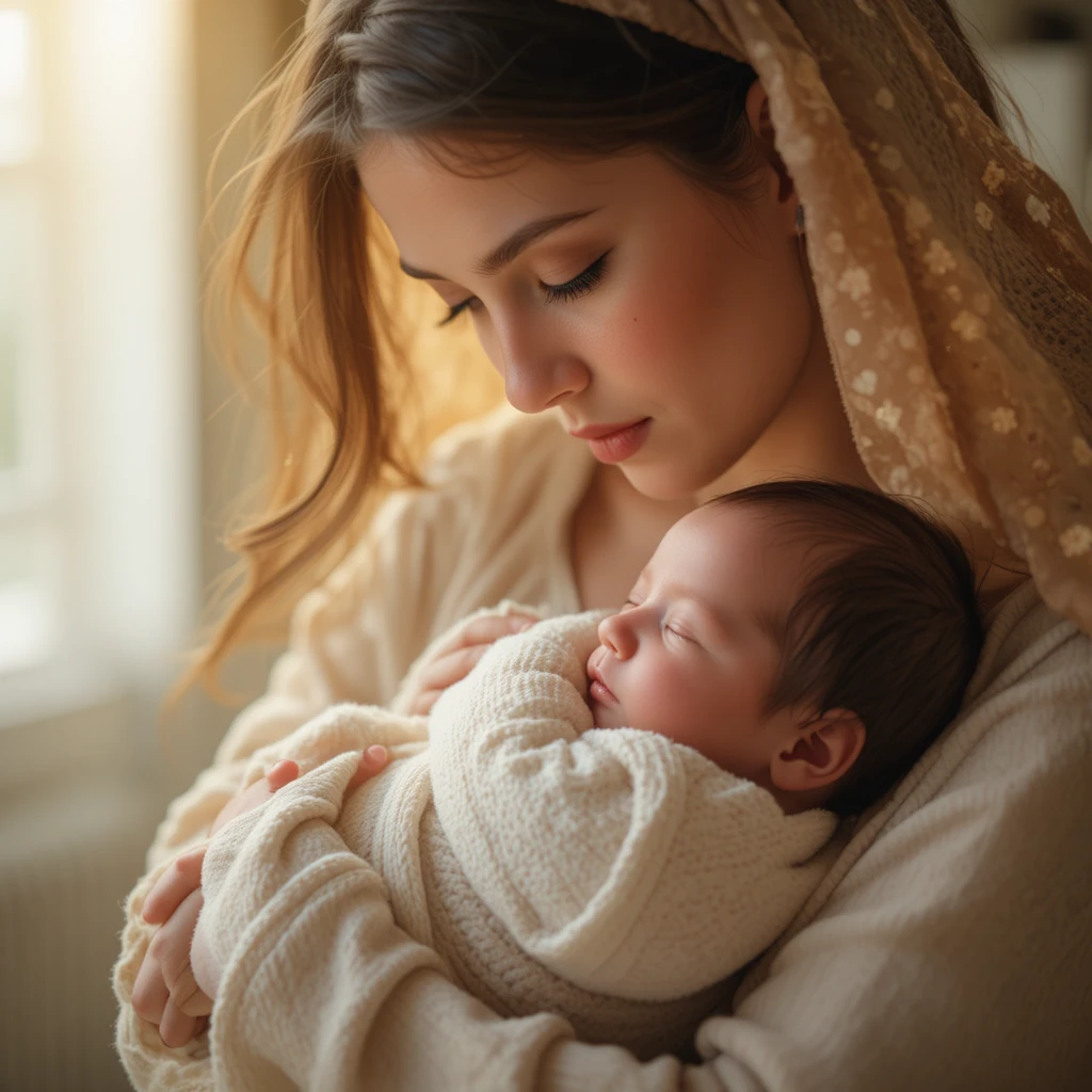 Tender mother cradling her newborn in soft warm light