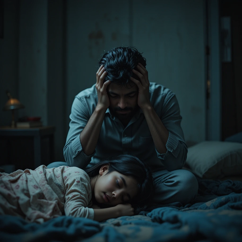 Worried father sitting alone beside his sleeping child