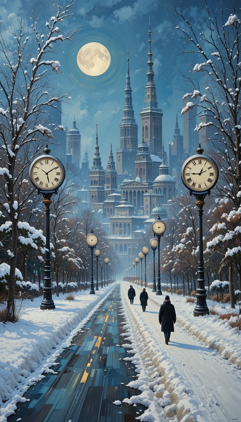 Snowy city road with clocks leading toward distant skyline