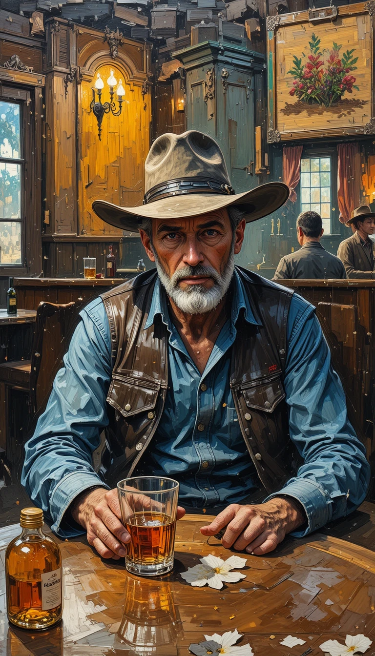 Cowboy stanco che riposa con un whisky in una taverna - dipinto