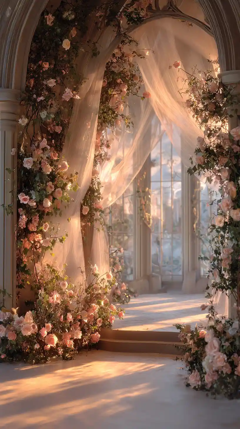 Arche romantique couverte de roses encadrant une pièce doucement éclairée