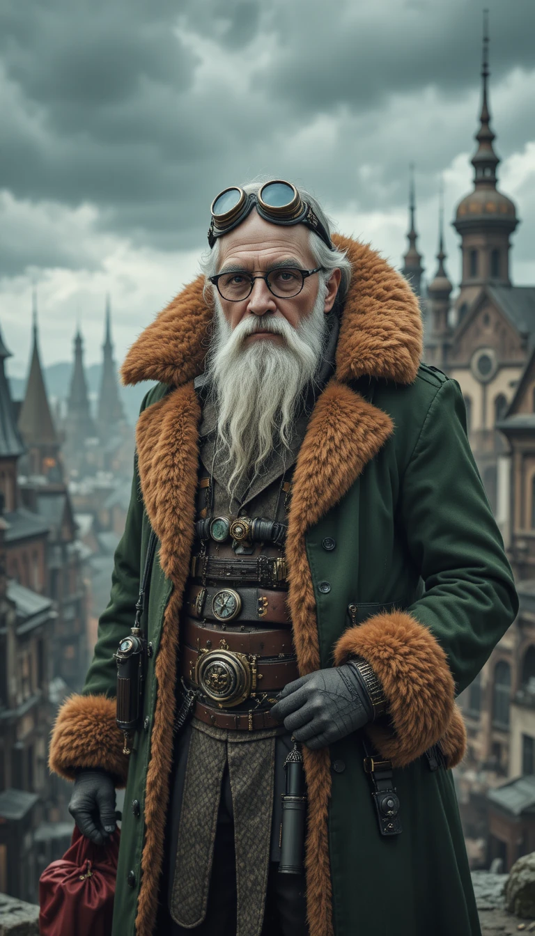 Vieil homme steampunk en manteau vert devant une ville fantastique