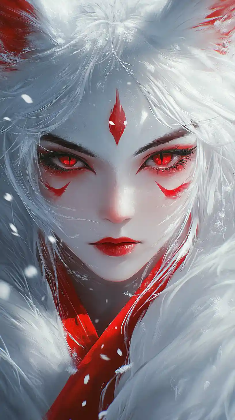 Kitsune spirit with crimson eyes in swirling snowstorm