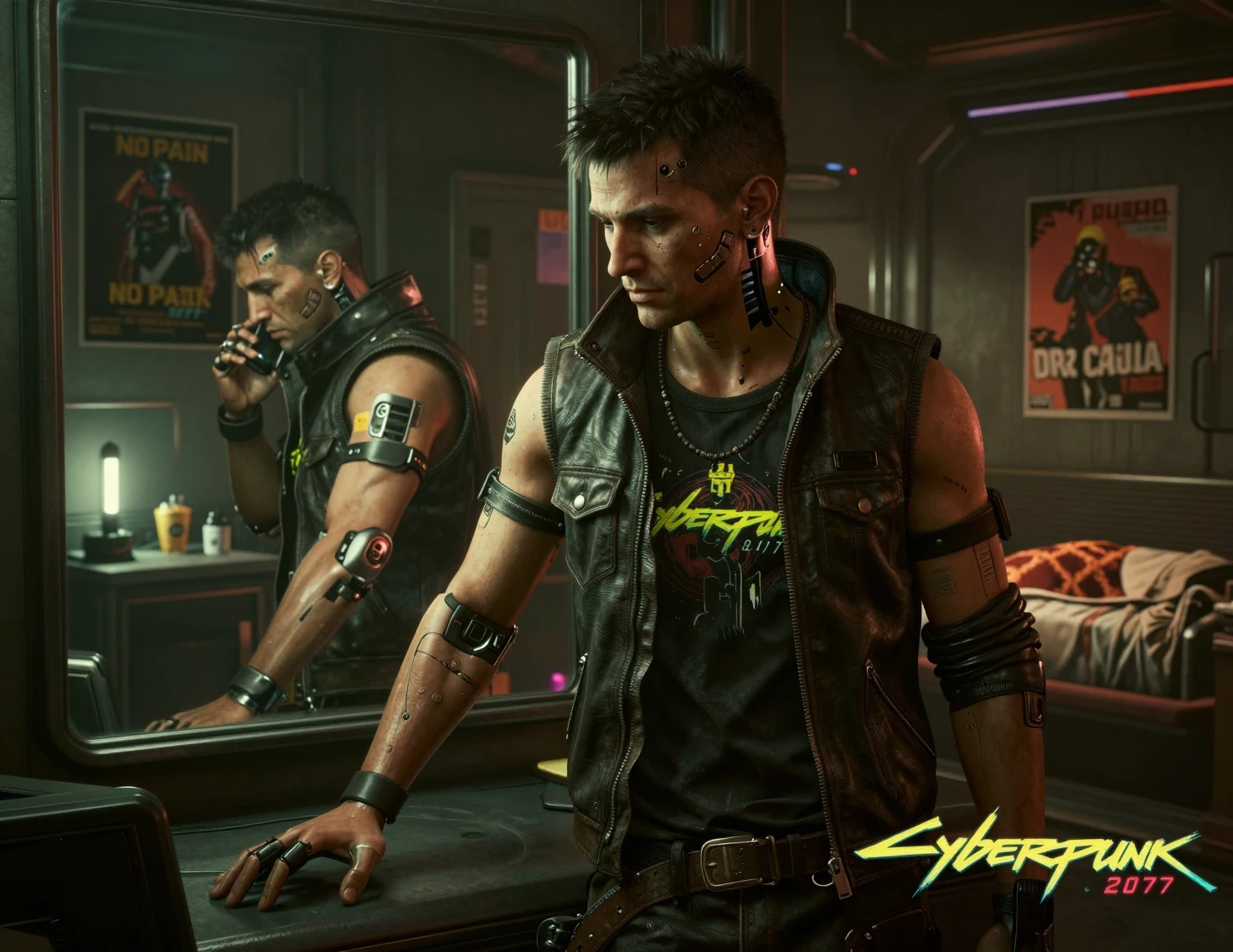 Homem aumentado refletindo no espelho em quarto cyberpunk sombrio