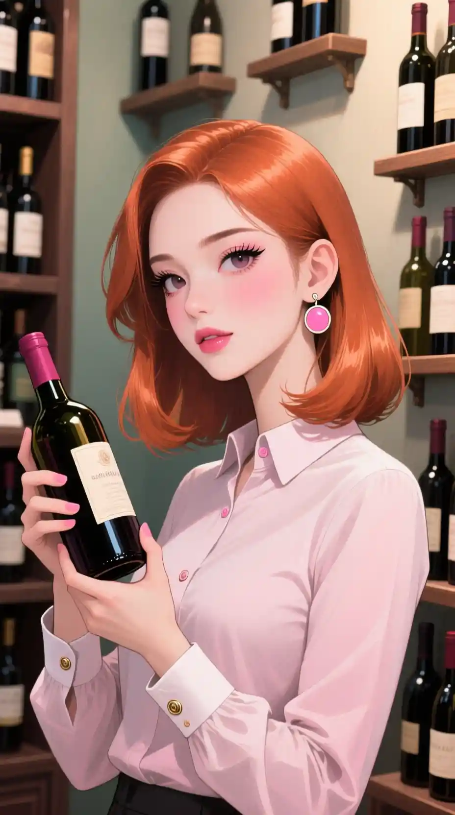Woman with copper bob reading a wine bottle label
