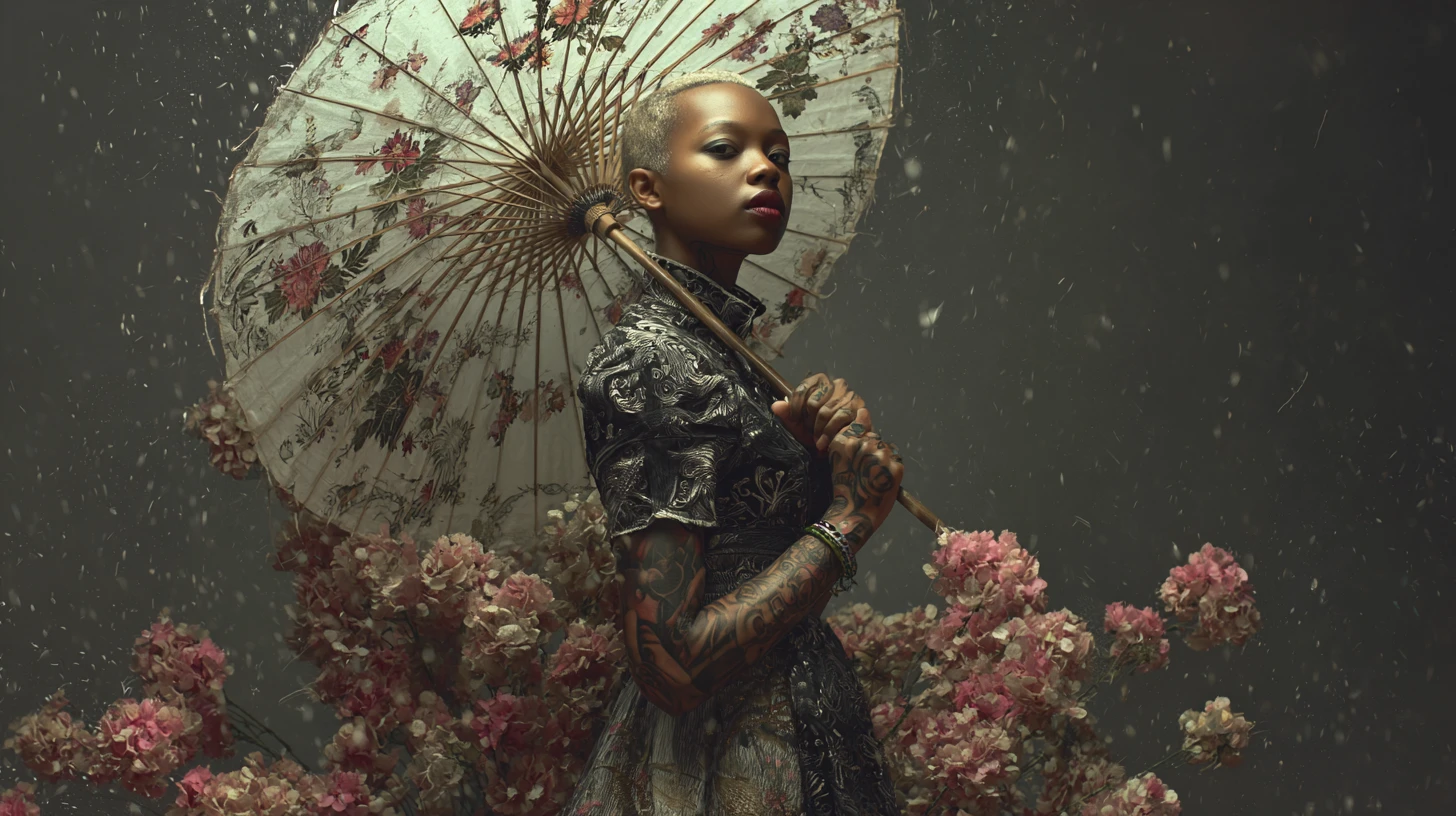Jeune femme androgyne sous la pluie avec un parapluie fleuri
