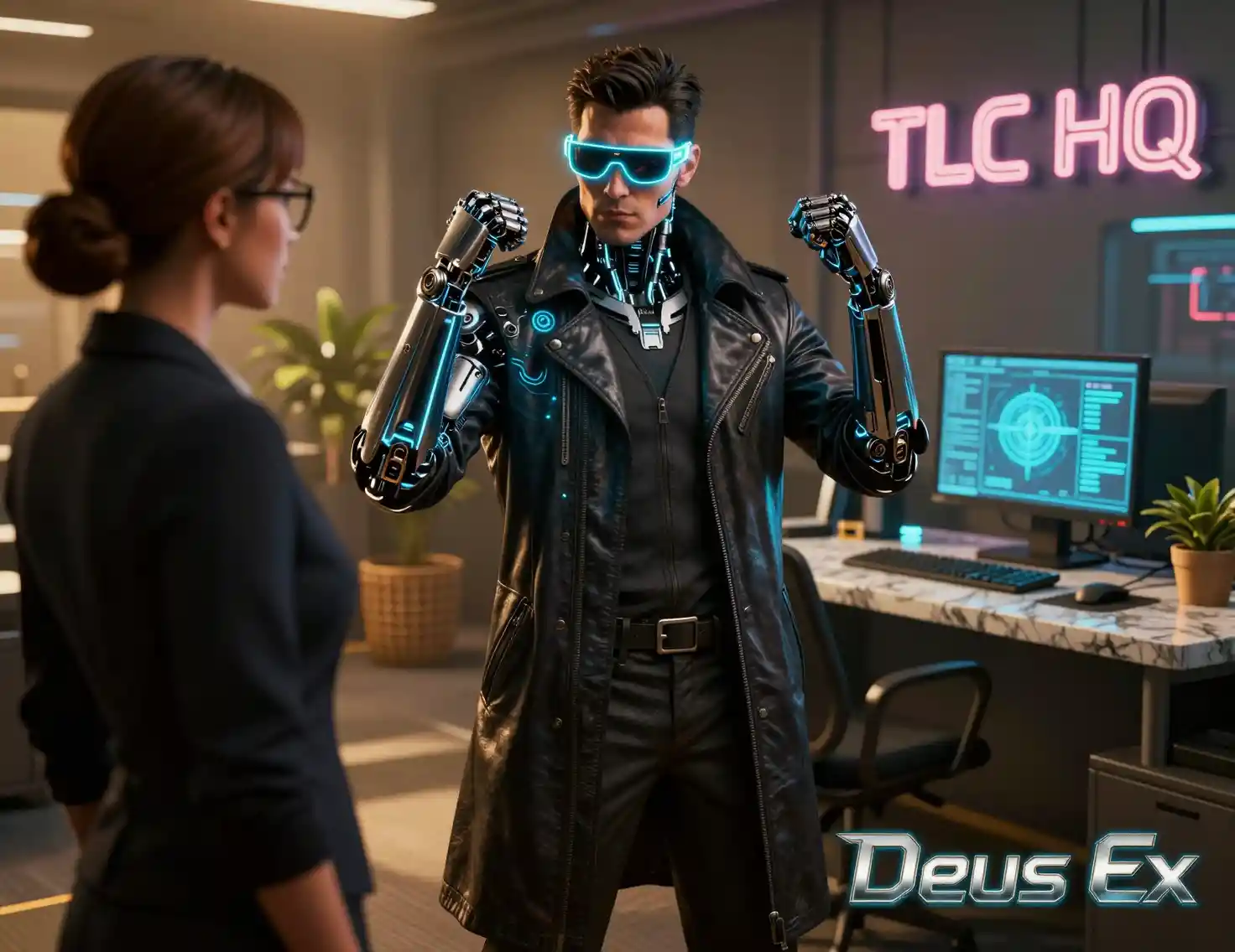 Detective potenziato in ufficio cyberpunk al neon incontra una mediatrice