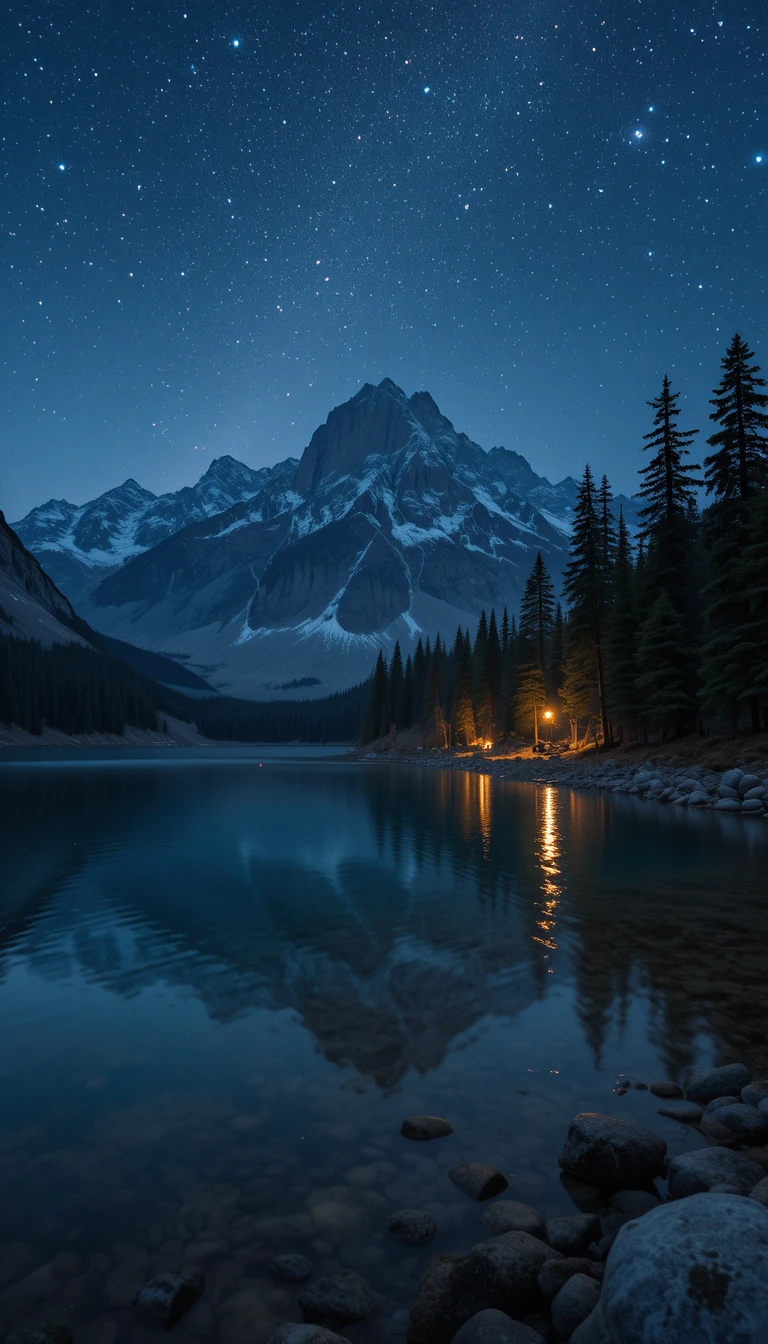Lago de montanha à noite com floresta ao longo da margem
