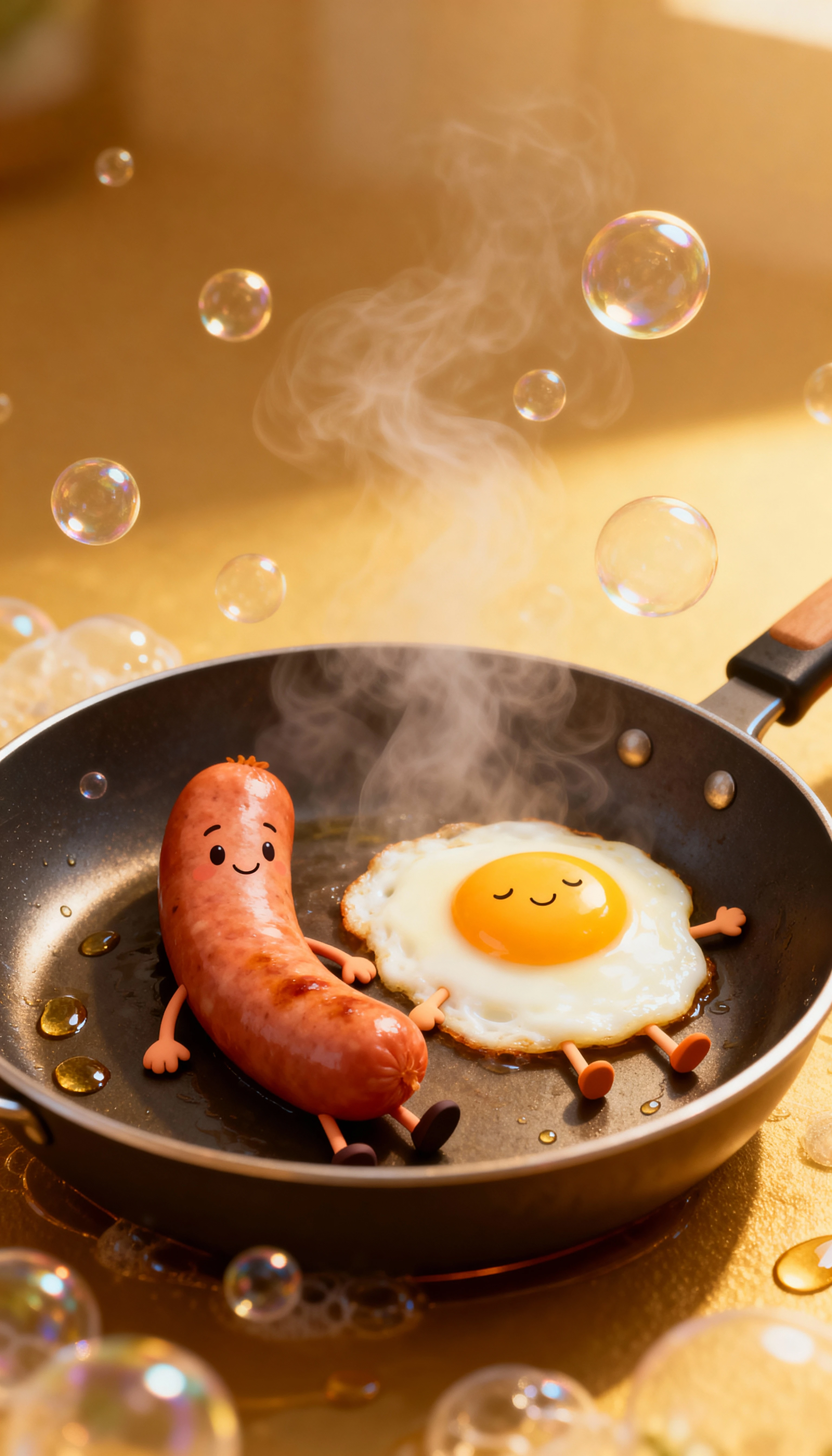 Cartoon-Wurst und Ei entspannen in einer warmen Pfanne