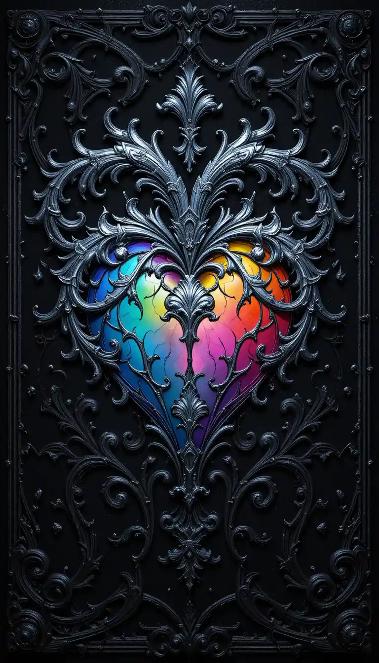 Gothic rainbow heart with silver flourishes on black background