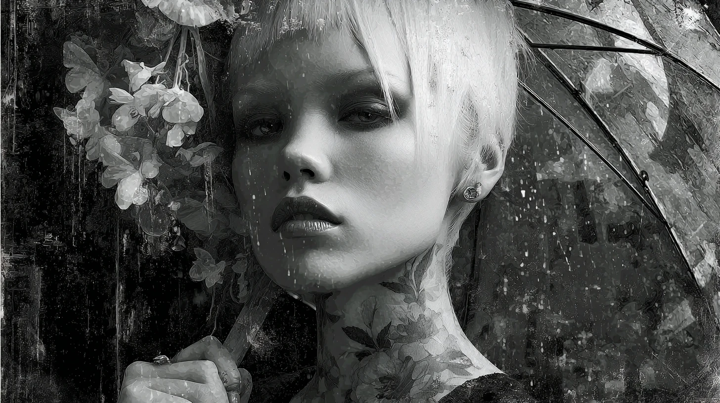 Femme androgyne surréaliste sous la pluie avec parapluie en plastique