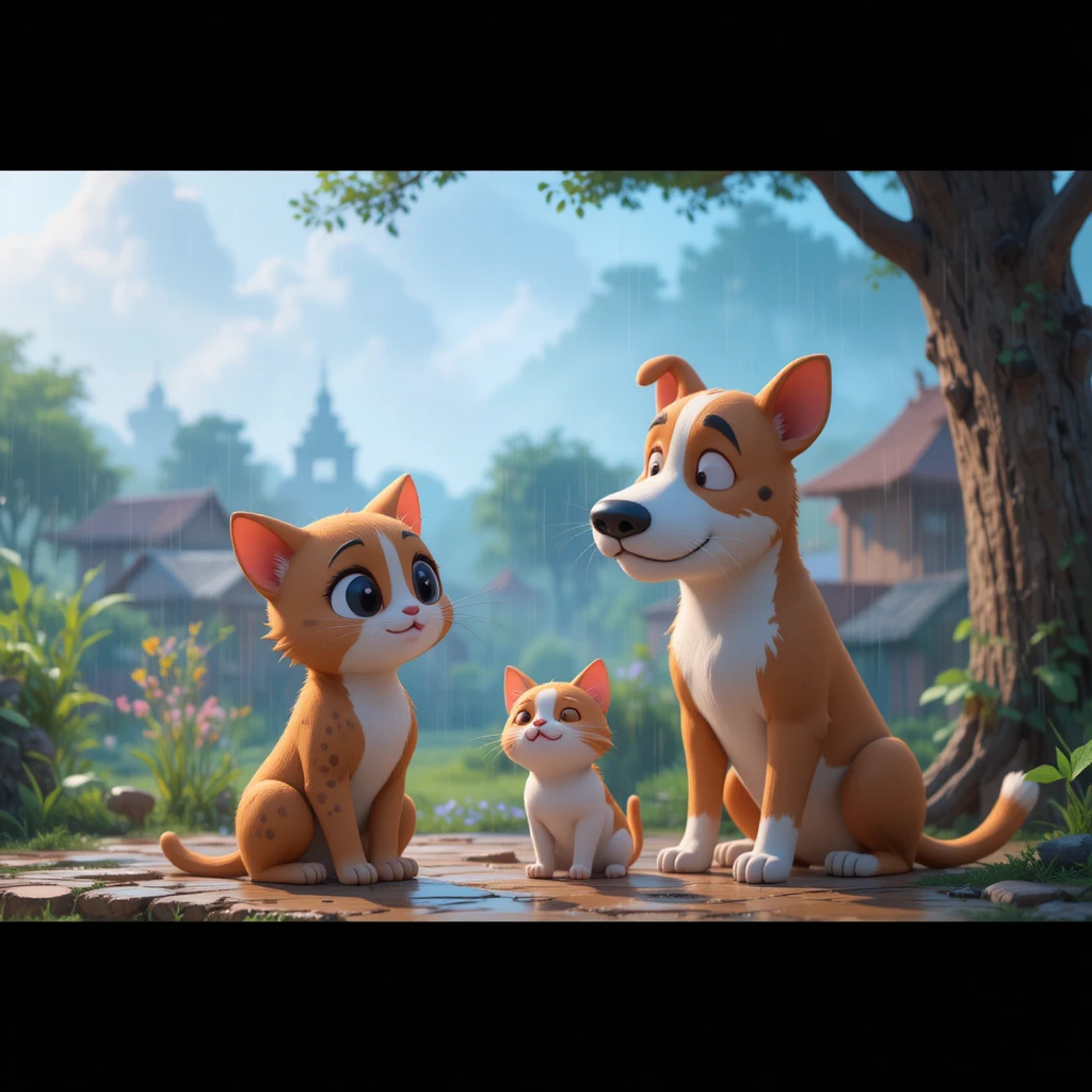 Cartoon cat and dog in a peaceful village morning scene