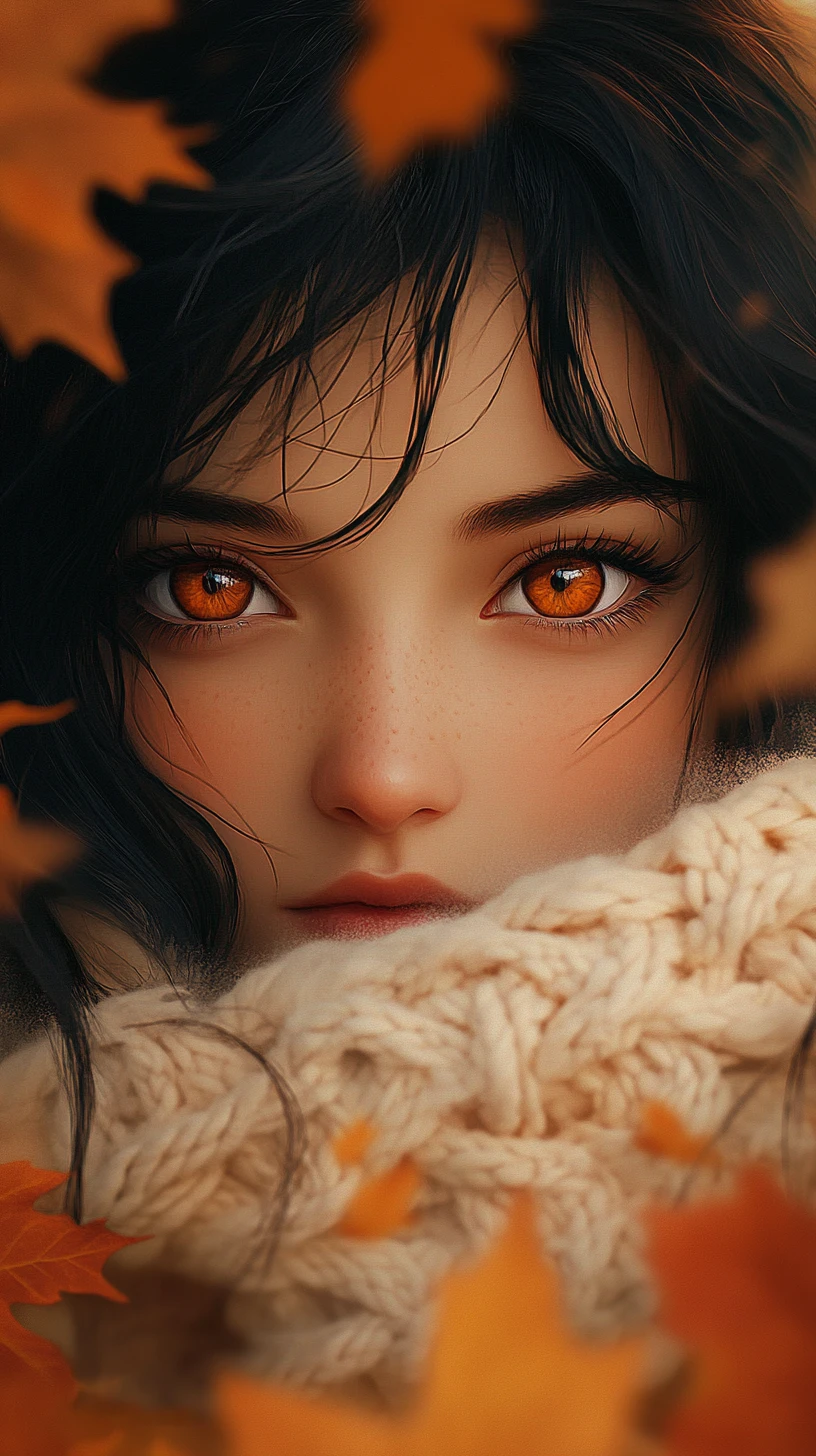 Fille d’anime timide aux yeux ambrés encadrée par des feuilles d’automne