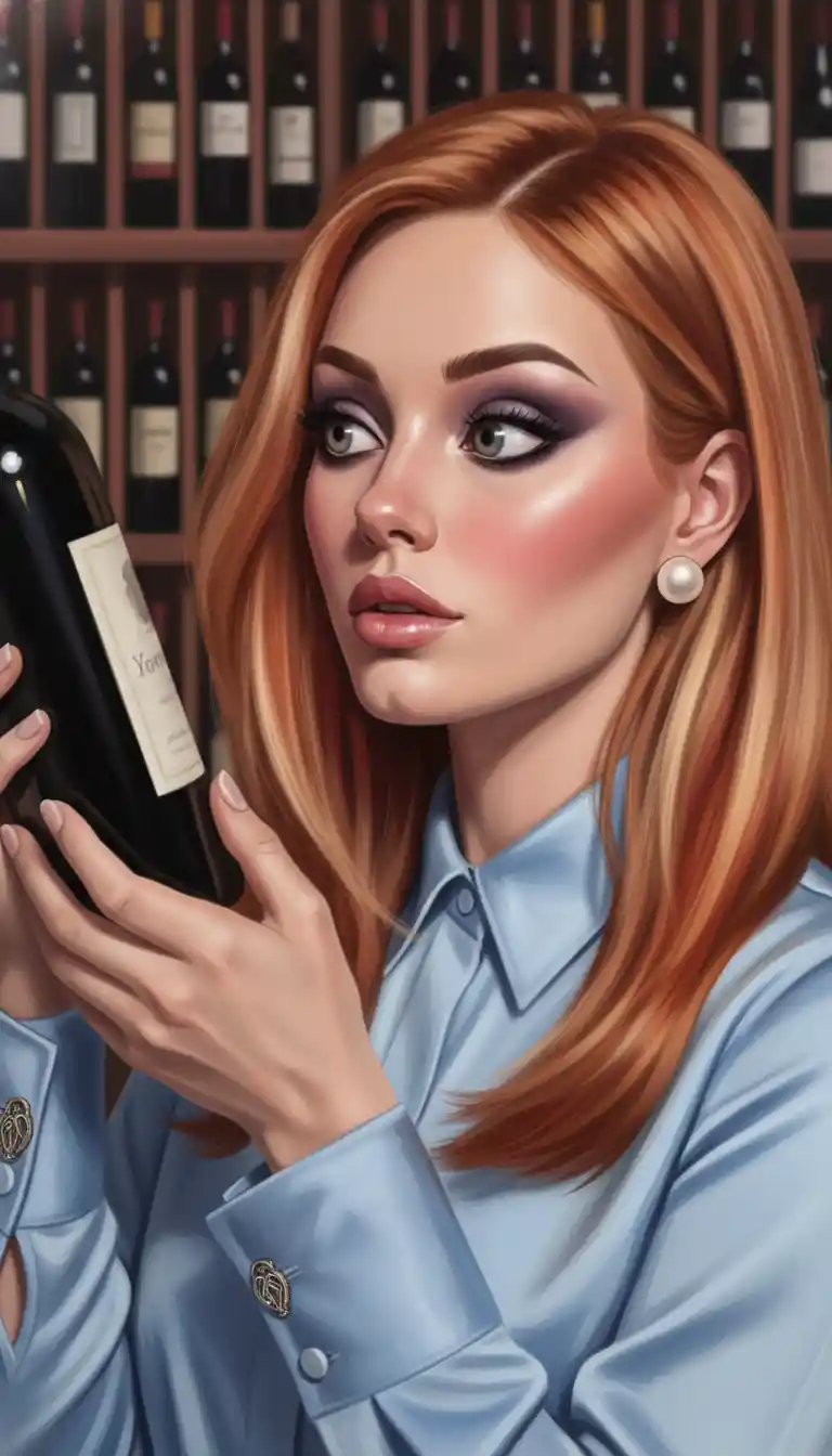 Woman reading a wine bottle in a cellar interior