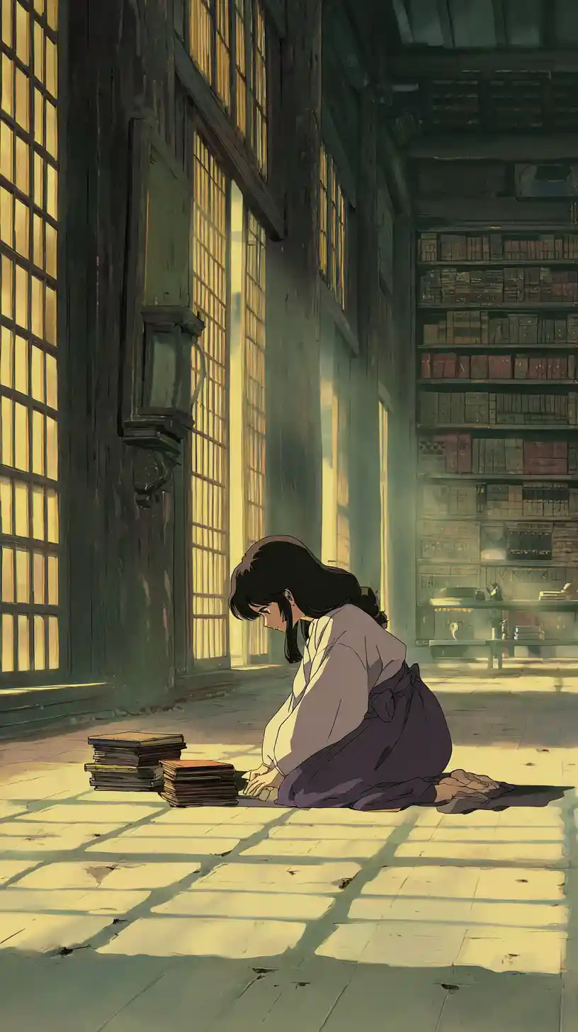 Anime girl reading in a quiet sunlit ancient library
