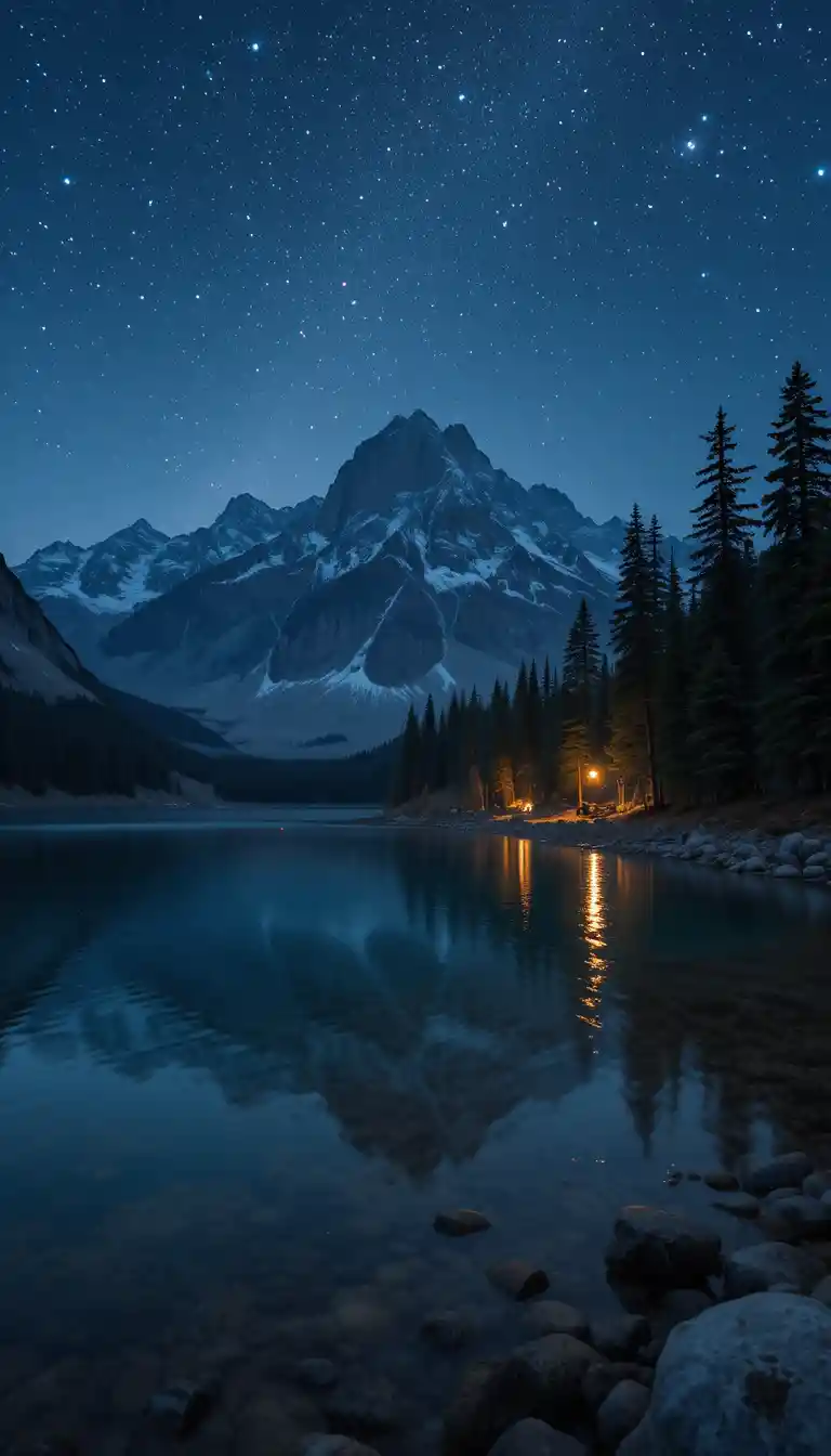 Lago di montagna notturno con foresta lungo la riva